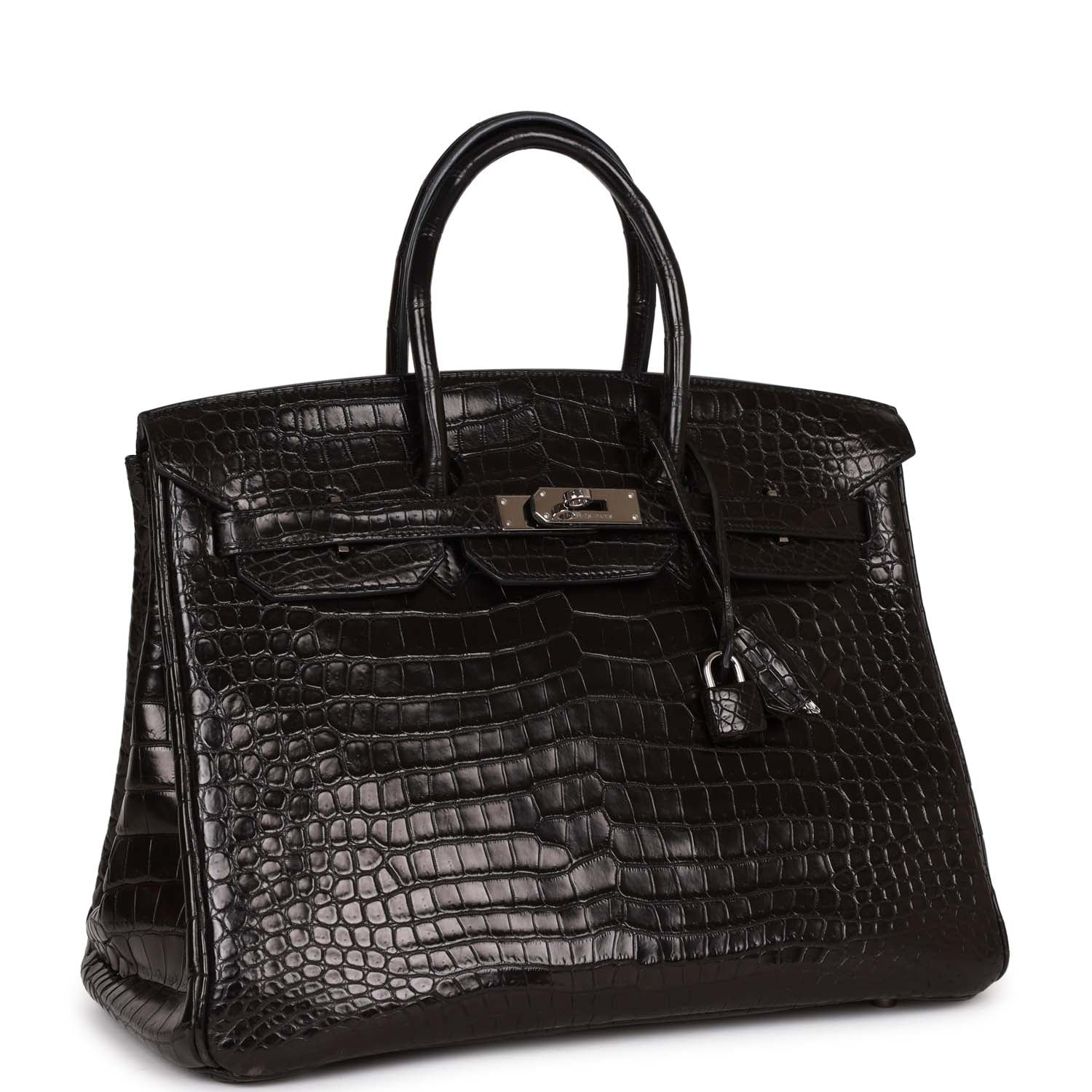 Top Quality HMS Birkin 35 Black Matte Crocodile Porosus Palladium Hardware