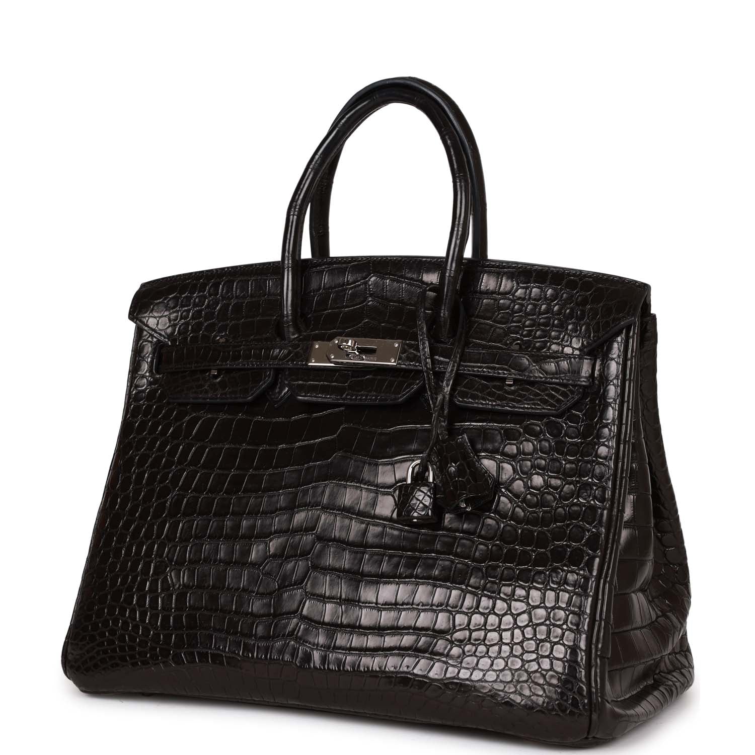 Top Quality HMS Birkin 35 Black Matte Crocodile Porosus Palladium Hardware