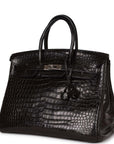 Top Quality HMS Birkin 35 Black Matte Crocodile Porosus Palladium Hardware