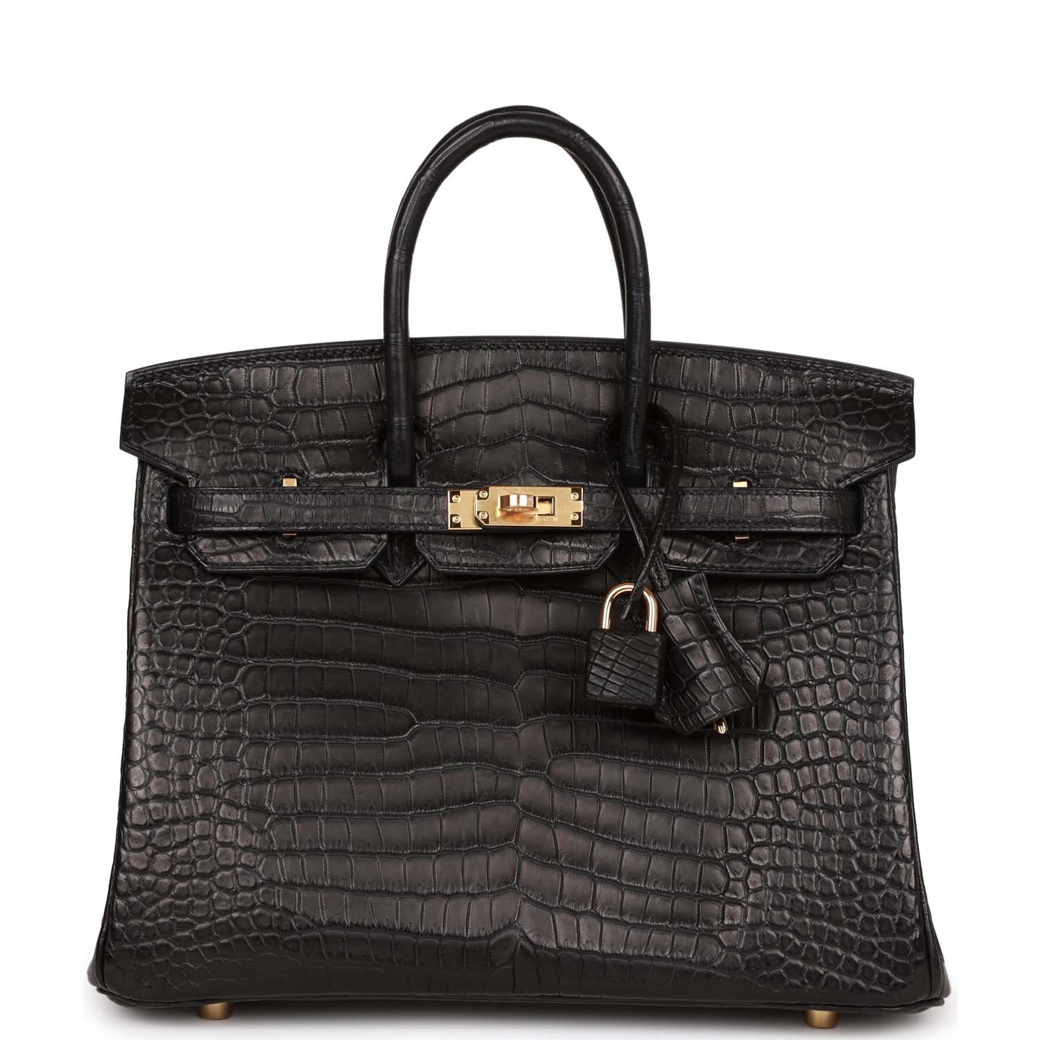 HMS Birkin 25 Black Matte Porosus Crocodile Gold Hardware