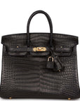 HMS Birkin 25 Black Matte Porosus Crocodile Gold Hardware
