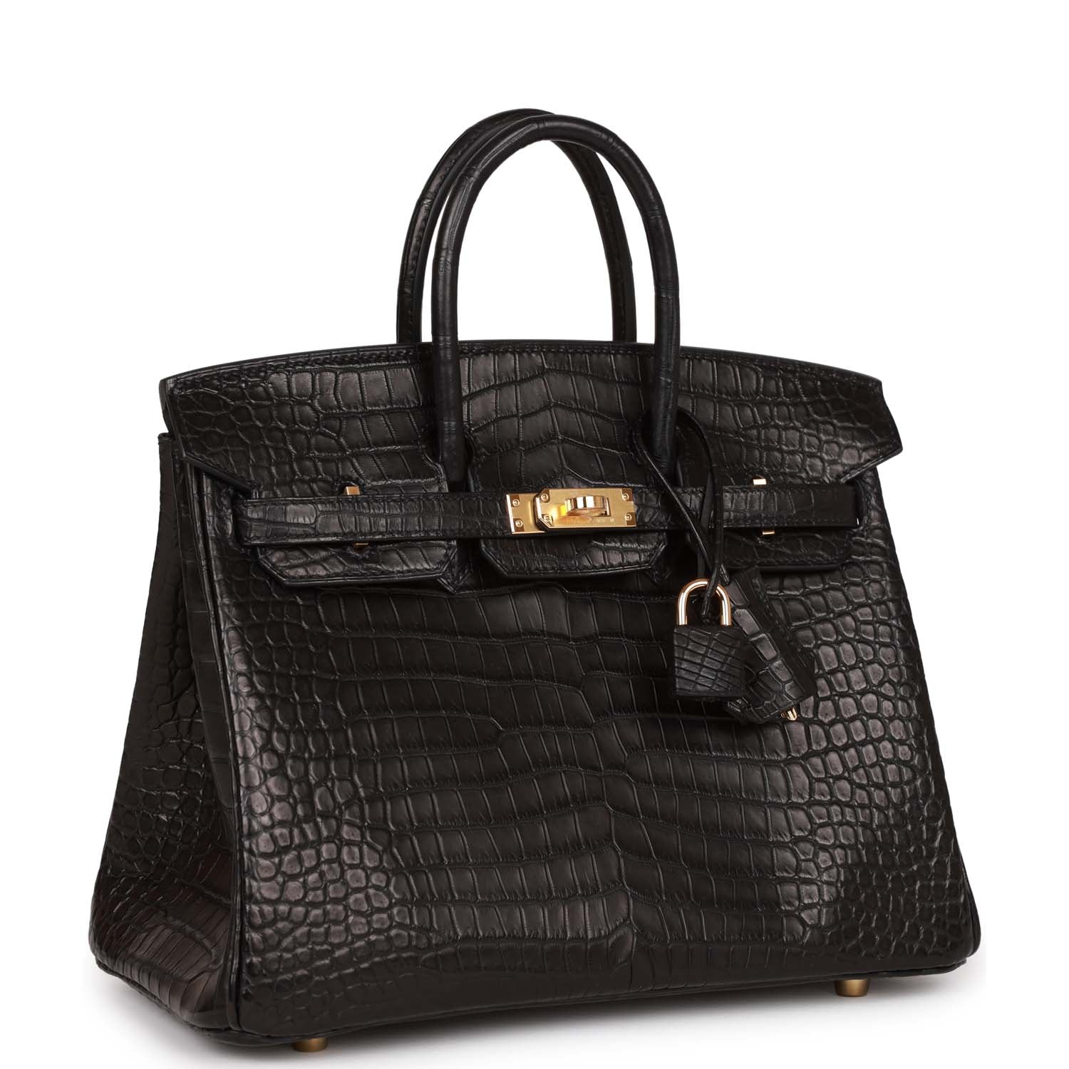 HMS Birkin 25 Black Matte Porosus Crocodile Gold Hardware