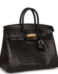 HMS Birkin 25 Black Matte Porosus Crocodile Gold Hardware