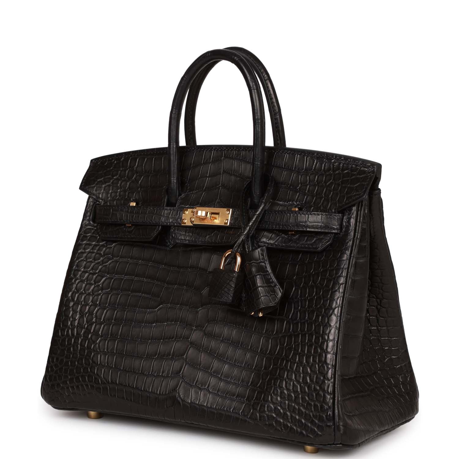 HMS Birkin 25 Black Matte Porosus Crocodile Gold Hardware