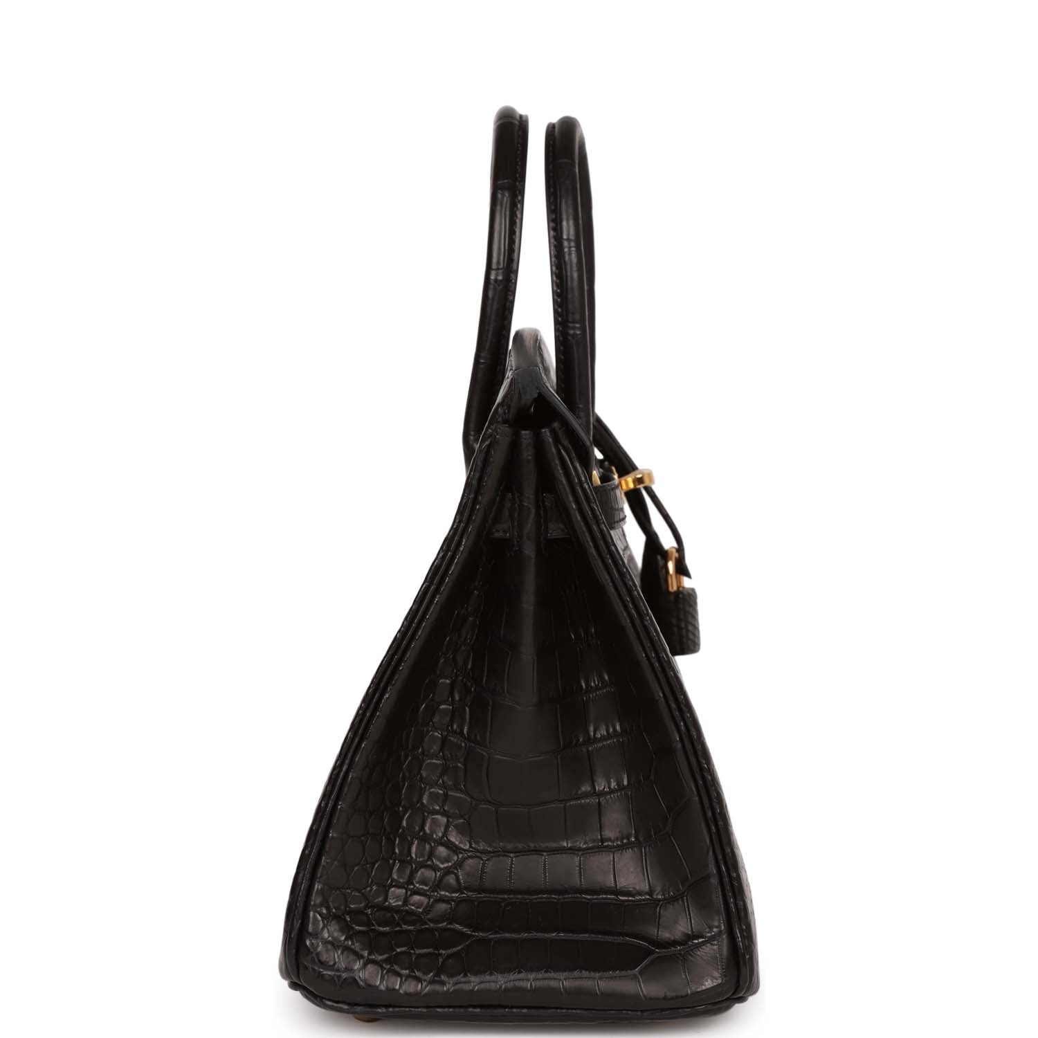 HMS Birkin 25 Black Matte Porosus Crocodile Gold Hardware