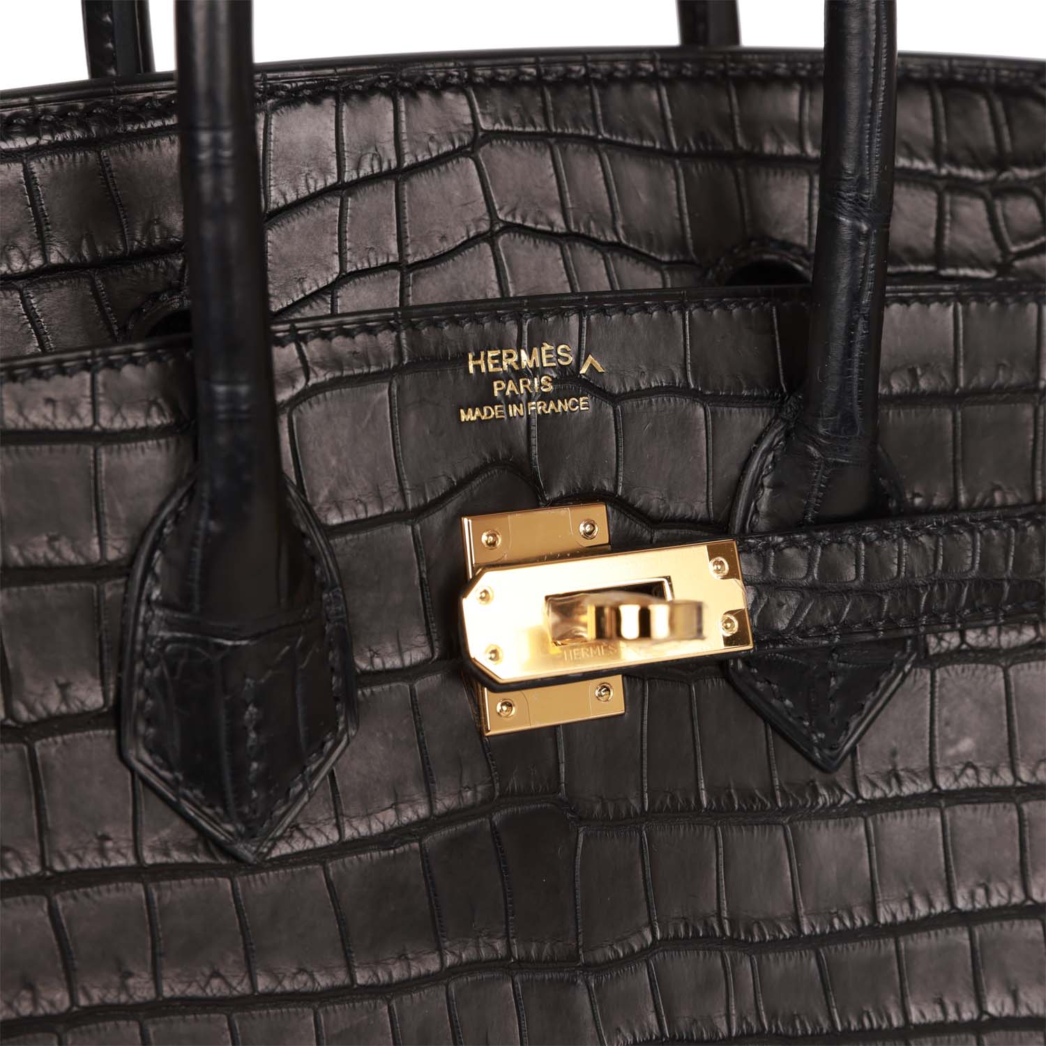 HMS Birkin 25 Black Matte Porosus Crocodile Gold Hardware