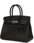 HMS Birkin 30 Black Ostrich Rose Gold Hardware