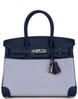 HMS Quadrille Birkin 30 Bleu Saphir Swift and Ecru Mauve Toile Palladium Hardware