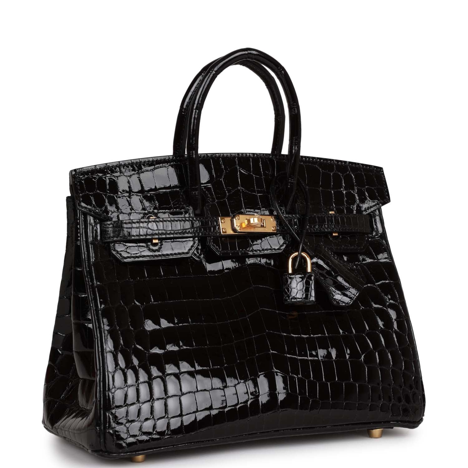 HMS Birkin 25 Black Shiny Niloticus Crocodile Gold Hardware