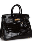 HMS Birkin 25 Black Shiny Niloticus Crocodile Gold Hardware