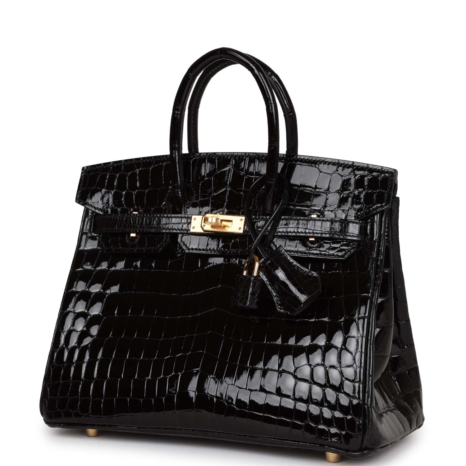 HMS Birkin 25 Black Shiny Niloticus Crocodile Gold Hardware