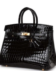 HMS Birkin 25 Black Shiny Niloticus Crocodile Gold Hardware