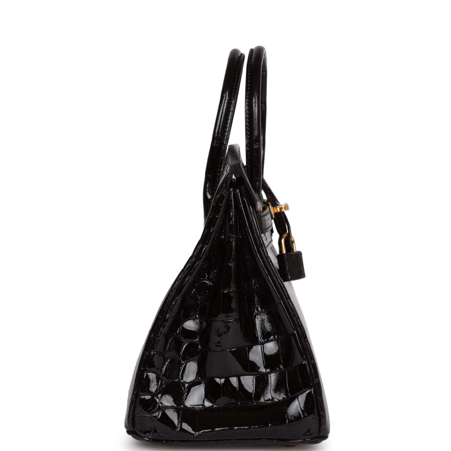 HMS Birkin 25 Black Shiny Niloticus Crocodile Gold Hardware