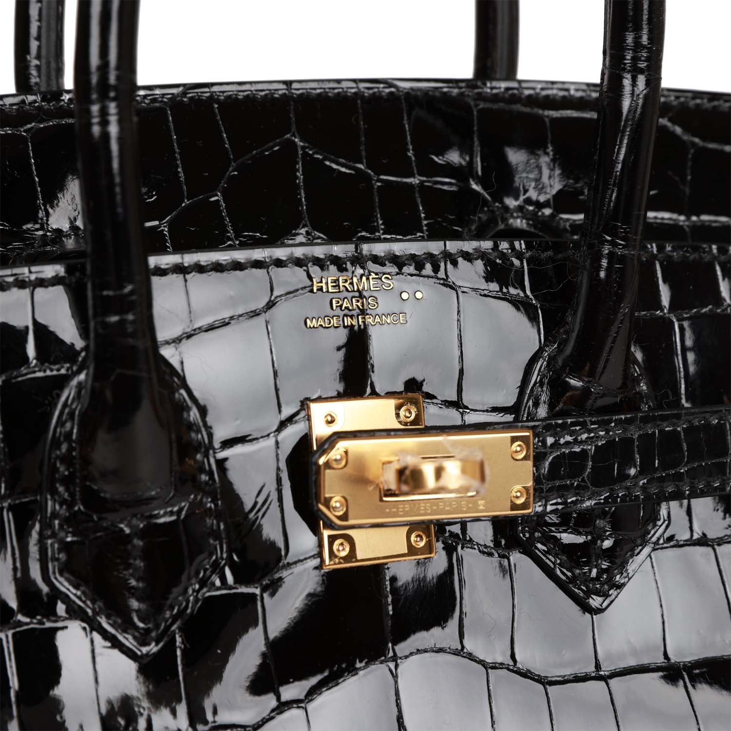 HMS Birkin 25 Black Shiny Niloticus Crocodile Gold Hardware