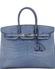 Top Quality HMS Birkin 35 Bleu Brighton Matte Alligator Palladium Hardware