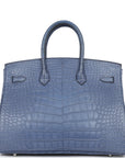 Top Quality HMS Birkin 35 Bleu Brighton Matte Alligator Palladium Hardware