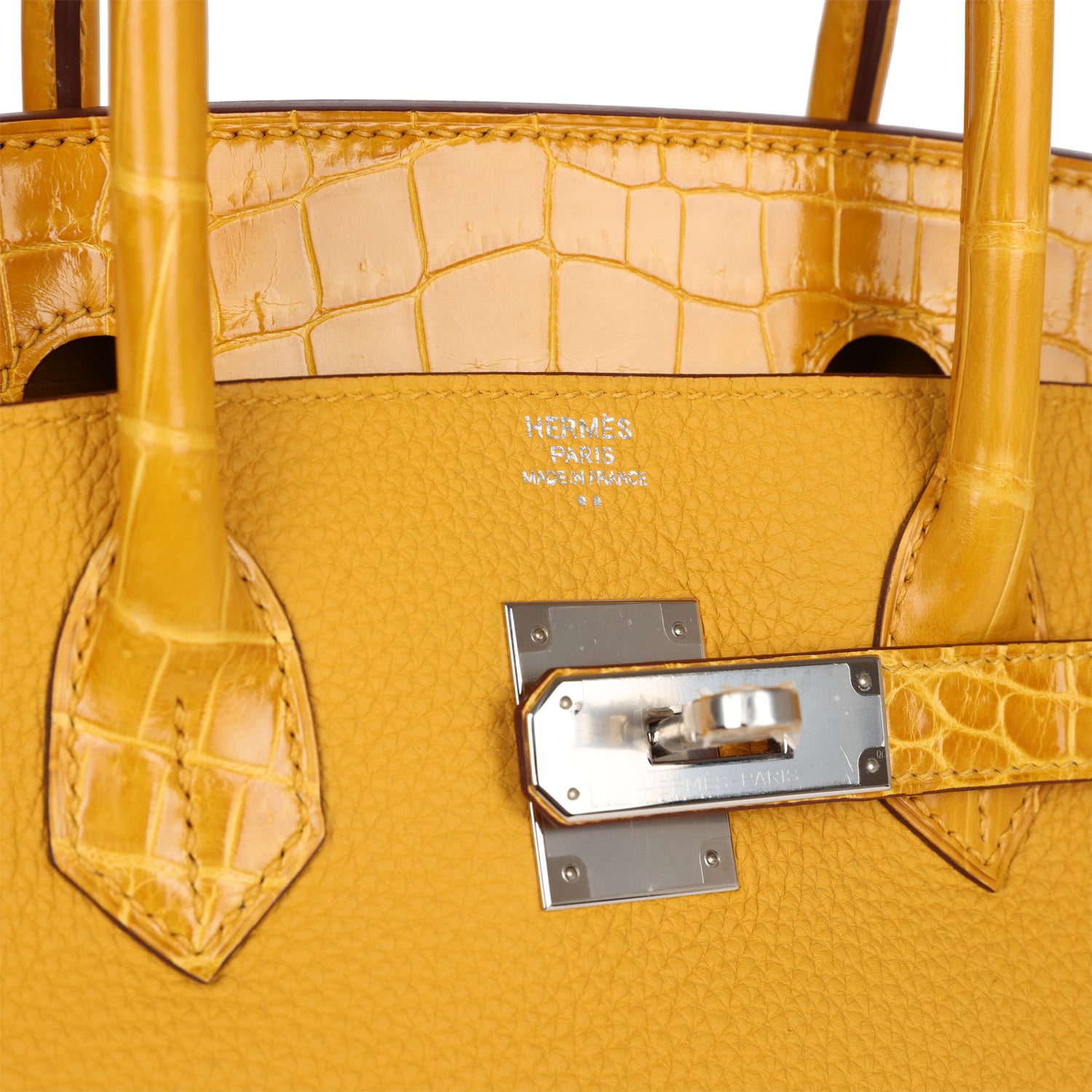 HMS Birkin 30 Jaune Ambre Shiny Niloticus Crocodile and Togo Touch Palladium Hardware