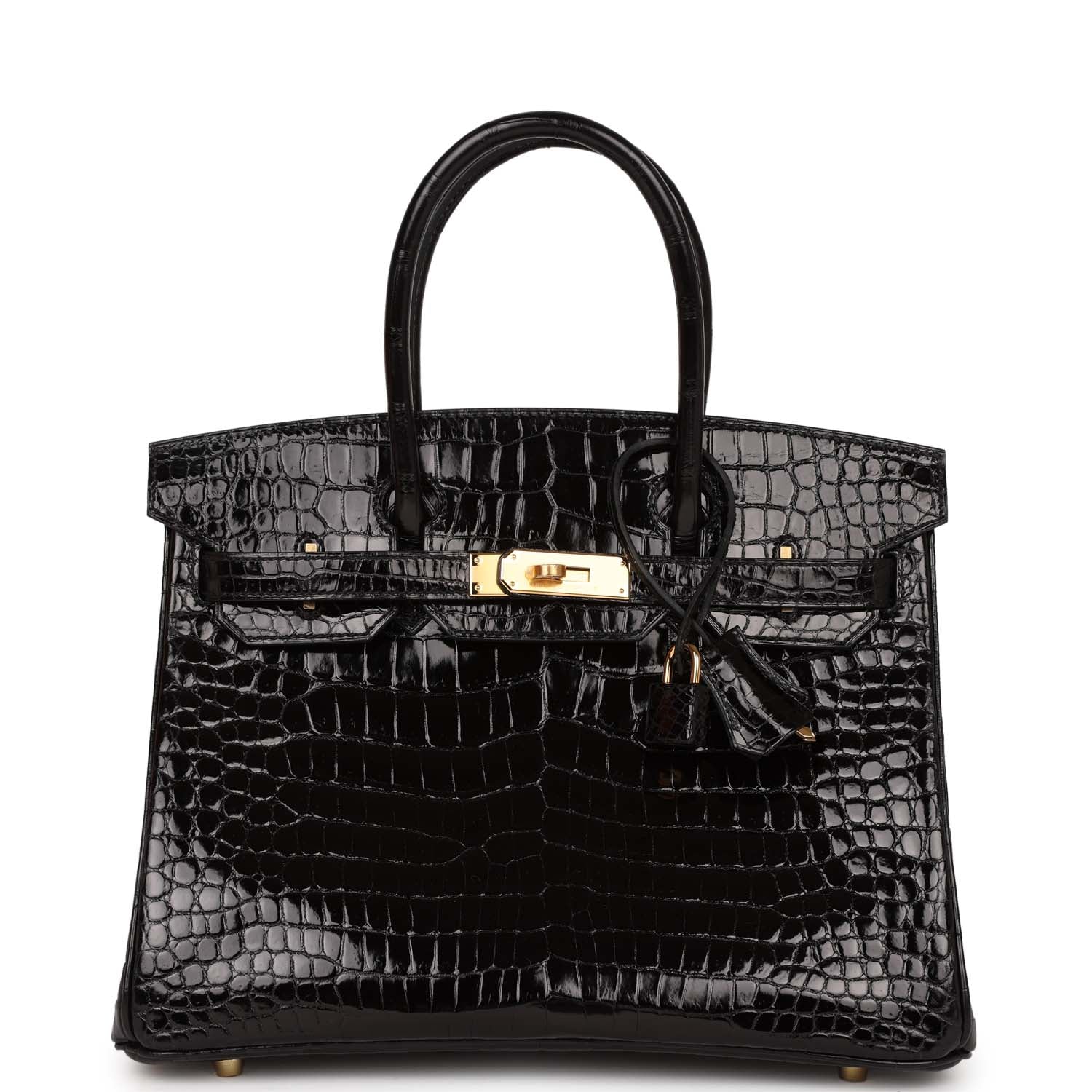 HMS Birkin 30 Black Shiny Crocodile Porosus Gold Hardware