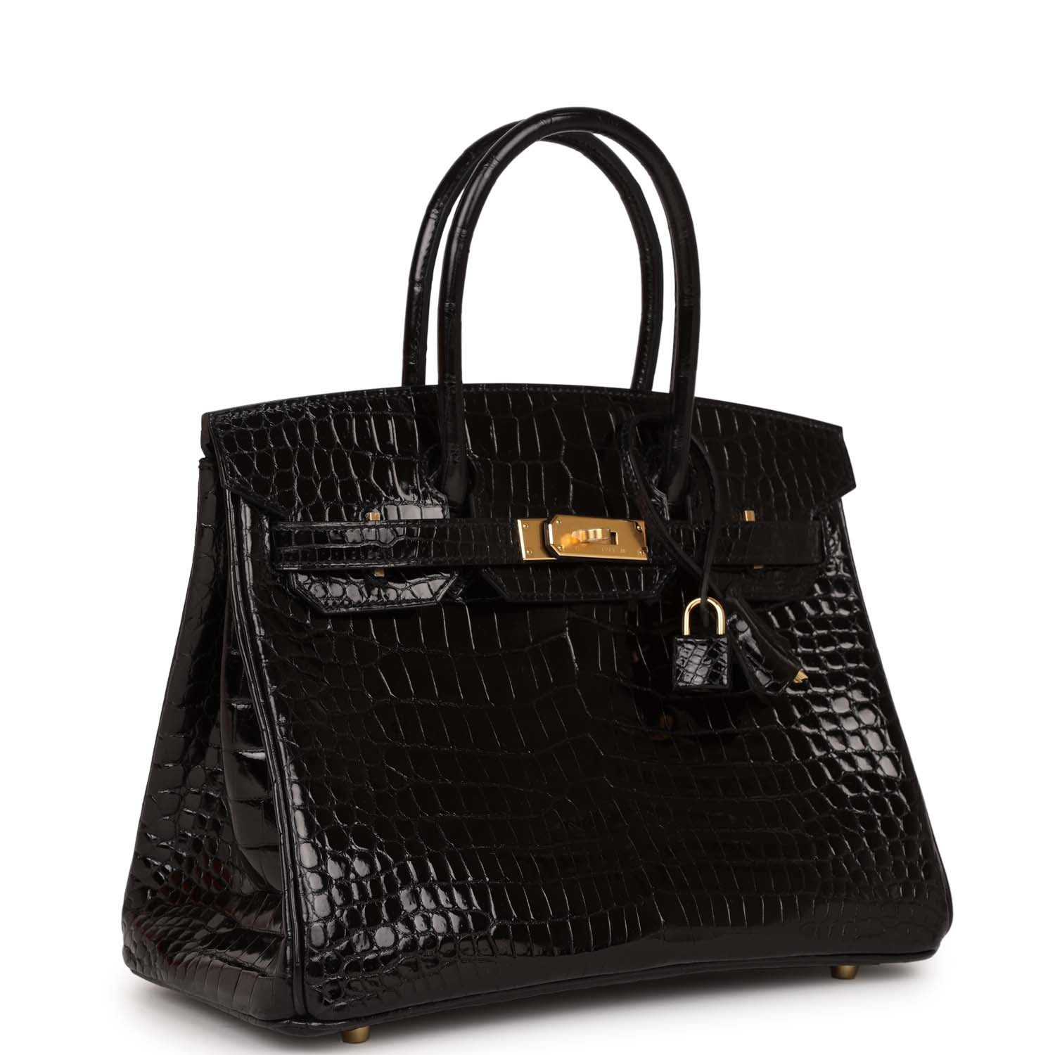 HMS Birkin 30 Black Shiny Crocodile Porosus Gold Hardware
