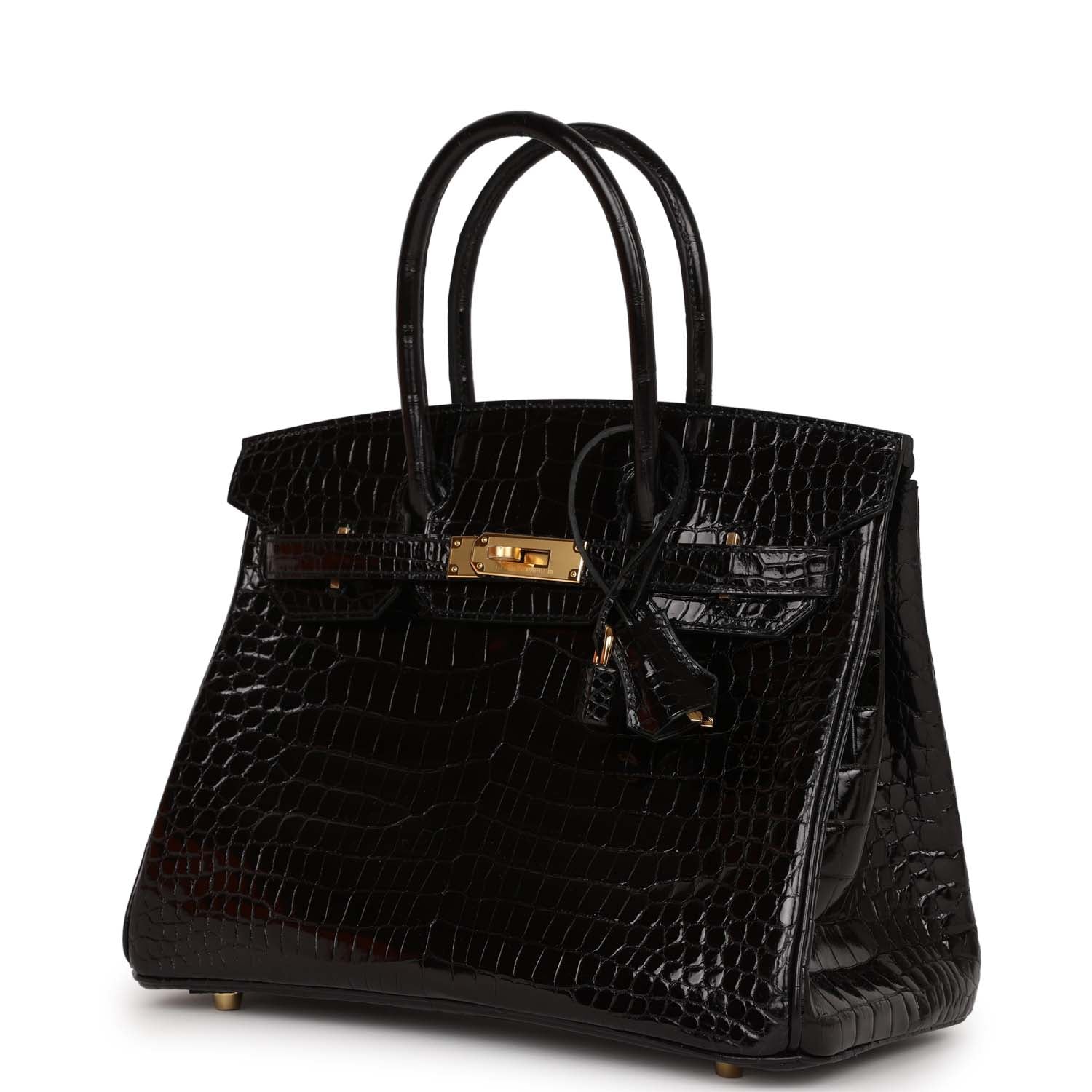 HMS Birkin 30 Black Shiny Crocodile Porosus Gold Hardware