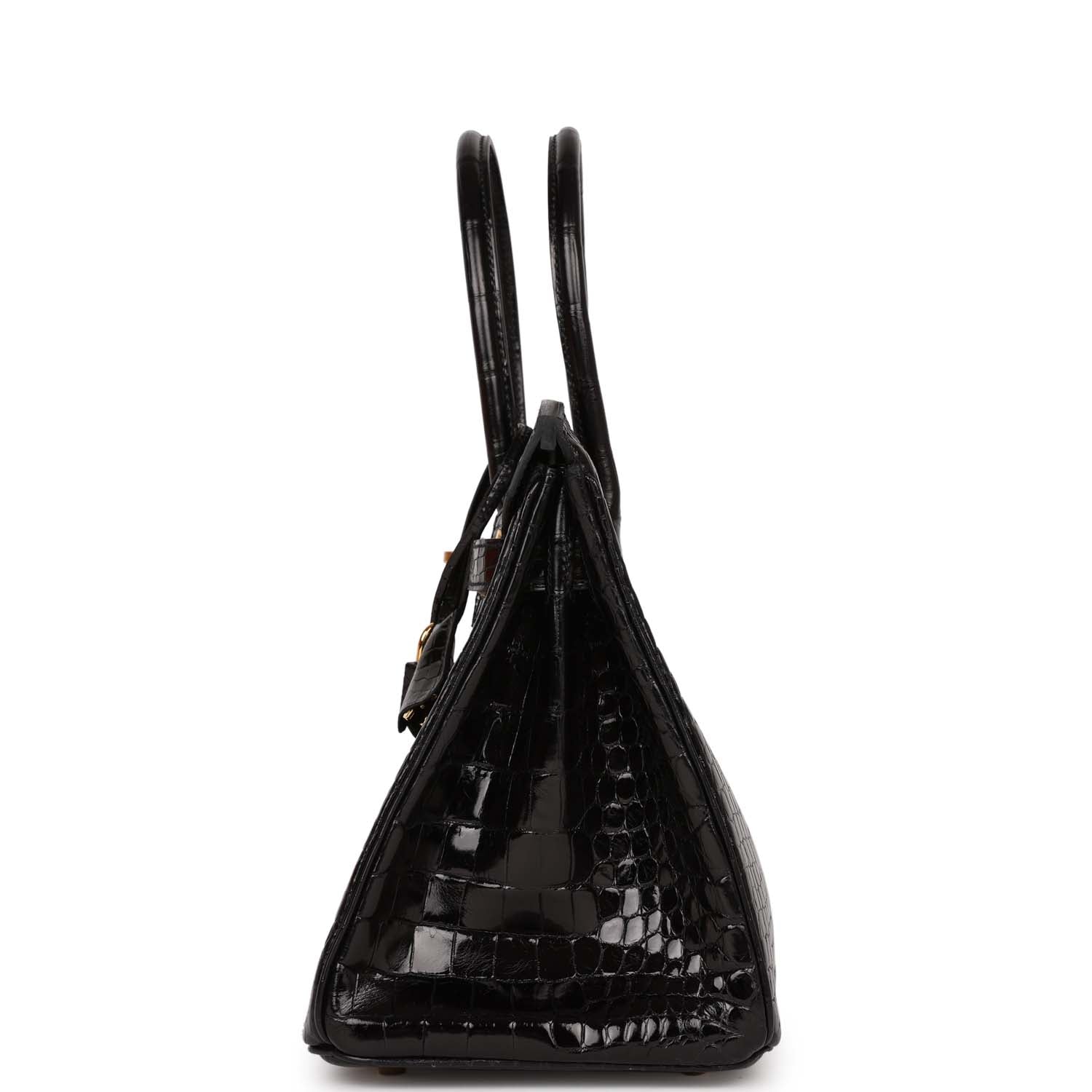 HMS Birkin 30 Black Shiny Crocodile Porosus Gold Hardware