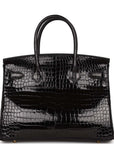 HMS Birkin 30 Black Shiny Crocodile Porosus Gold Hardware