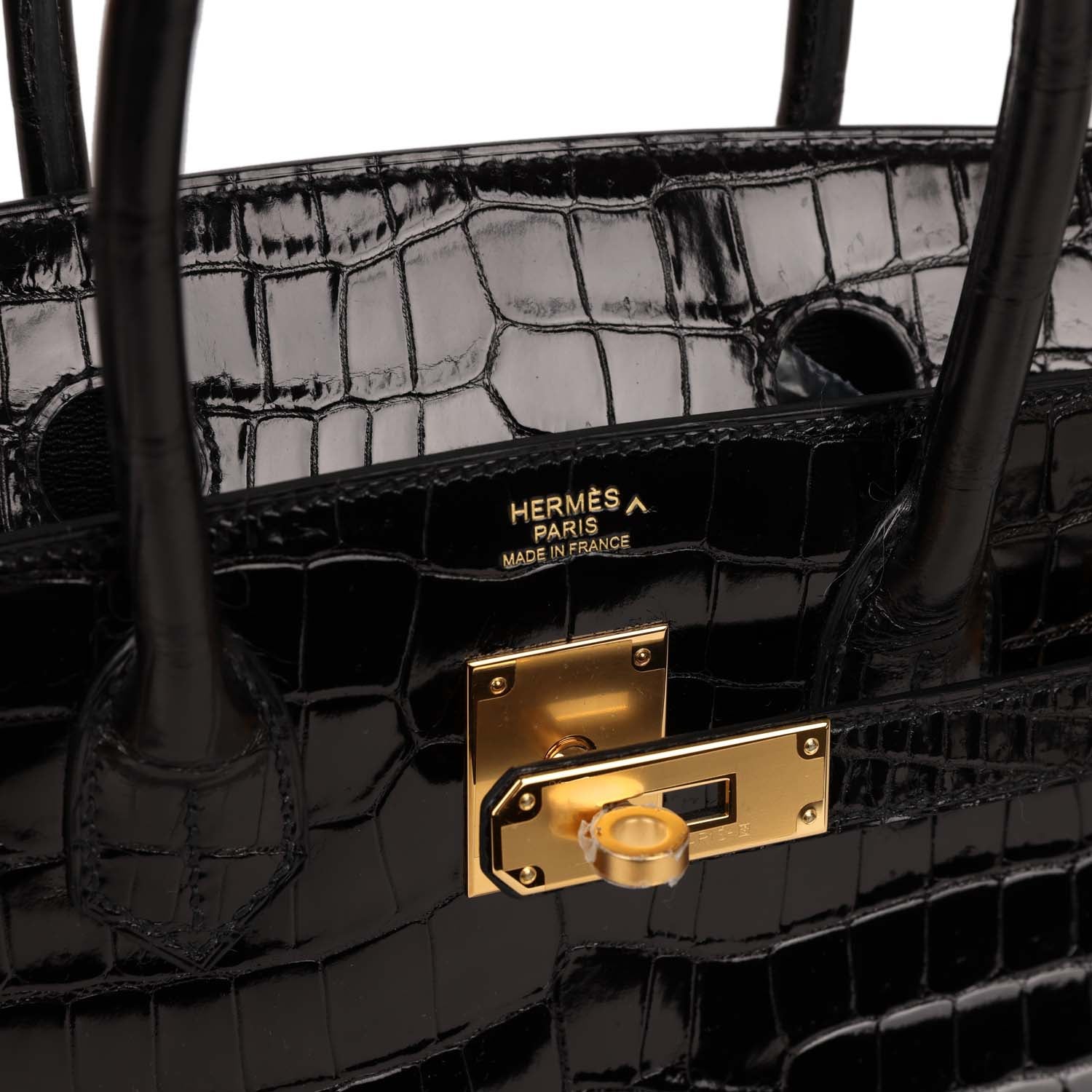 HMS Birkin 30 Black Shiny Crocodile Porosus Gold Hardware