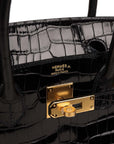 HMS Birkin 30 Black Shiny Crocodile Porosus Gold Hardware