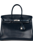 Top Quality HMS Birkin 35 Bleu De Prusse Box Calf Guilloché Palladium Hardware