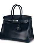 Top Quality HMS Birkin 35 Bleu De Prusse Box Calf Guilloché Palladium Hardware