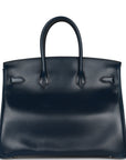 Top Quality HMS Birkin 35 Bleu De Prusse Box Calf Guilloché Palladium Hardware