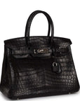 HMS Birkin 30cm Black Matte Niloticus Crocodile Palladium Hardware