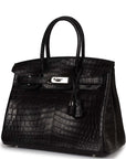 HMS Birkin 30cm Black Matte Niloticus Crocodile Palladium Hardware