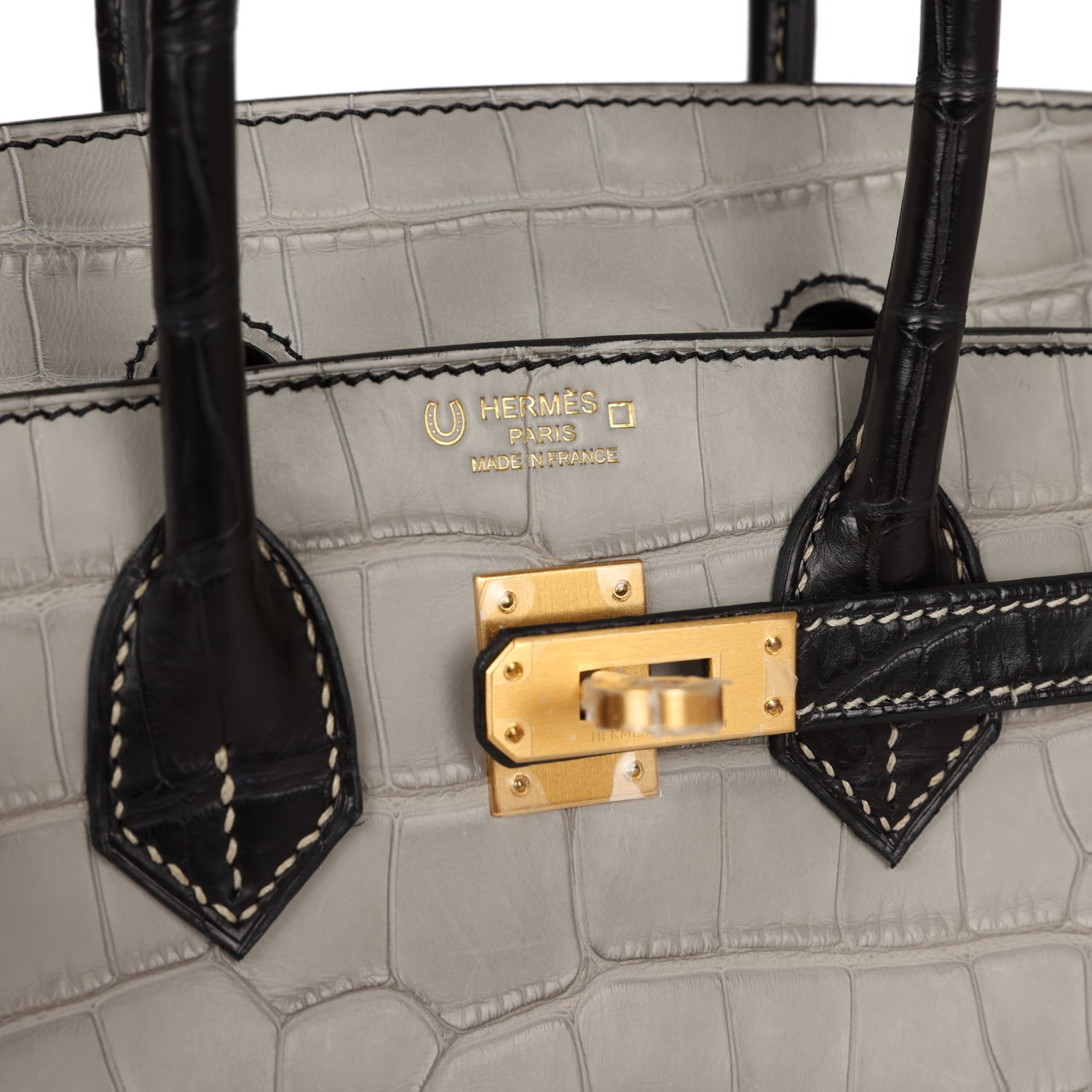 HMS Special Order (HSS) Birkin 25 Gris Perle and Black Matte Alligator Brushed Gold Hardware