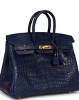 HMS Birkin 25 Bleu Saphir Matte Alligator Gold Hardware