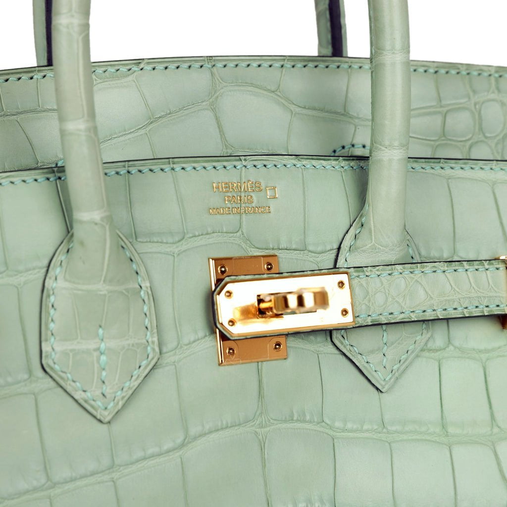 HMS Birkin 25 Vert D'Eau Matte Alligator Gold Hardware