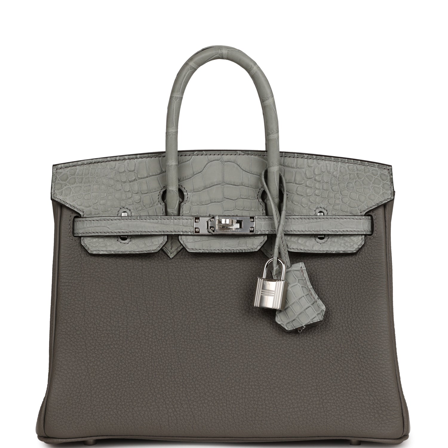 HMS Birkin 25 Gris Meyer Togo and Gris Ciment Matte Alligator Touch Palladium Hardware