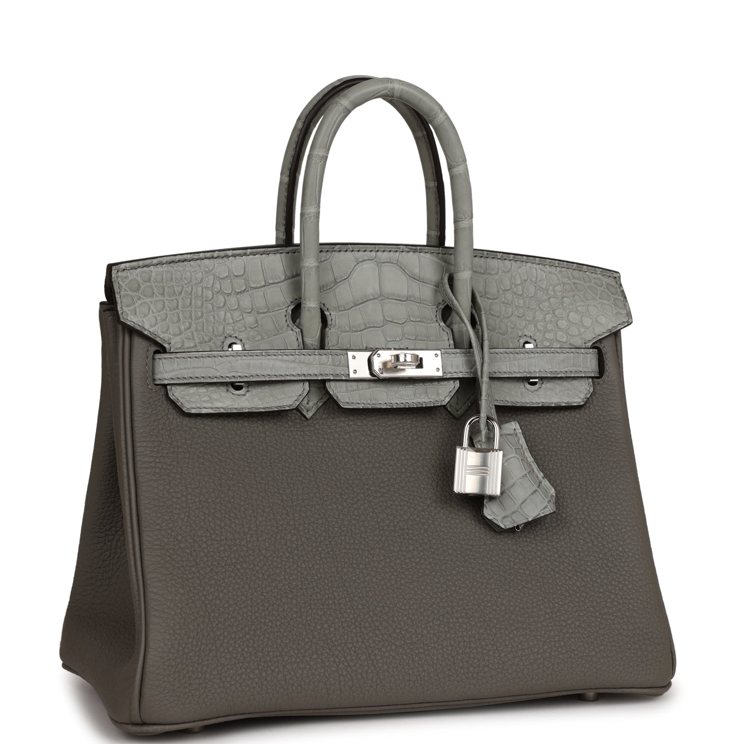 HMS Birkin 25 Gris Meyer Togo and Gris Ciment Matte Alligator Touch Palladium Hardware