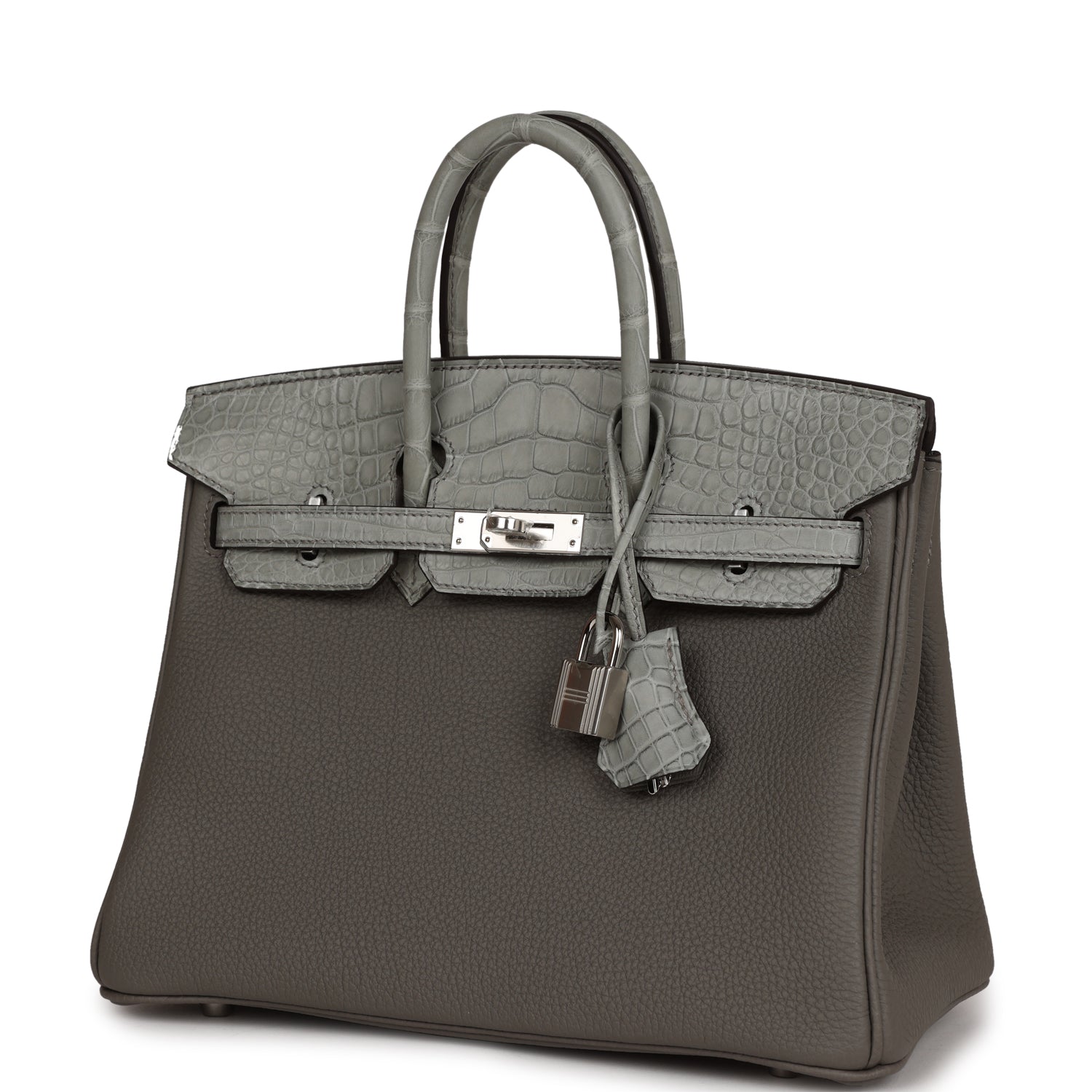 HMS Birkin 25 Gris Meyer Togo and Gris Ciment Matte Alligator Touch Palladium Hardware
