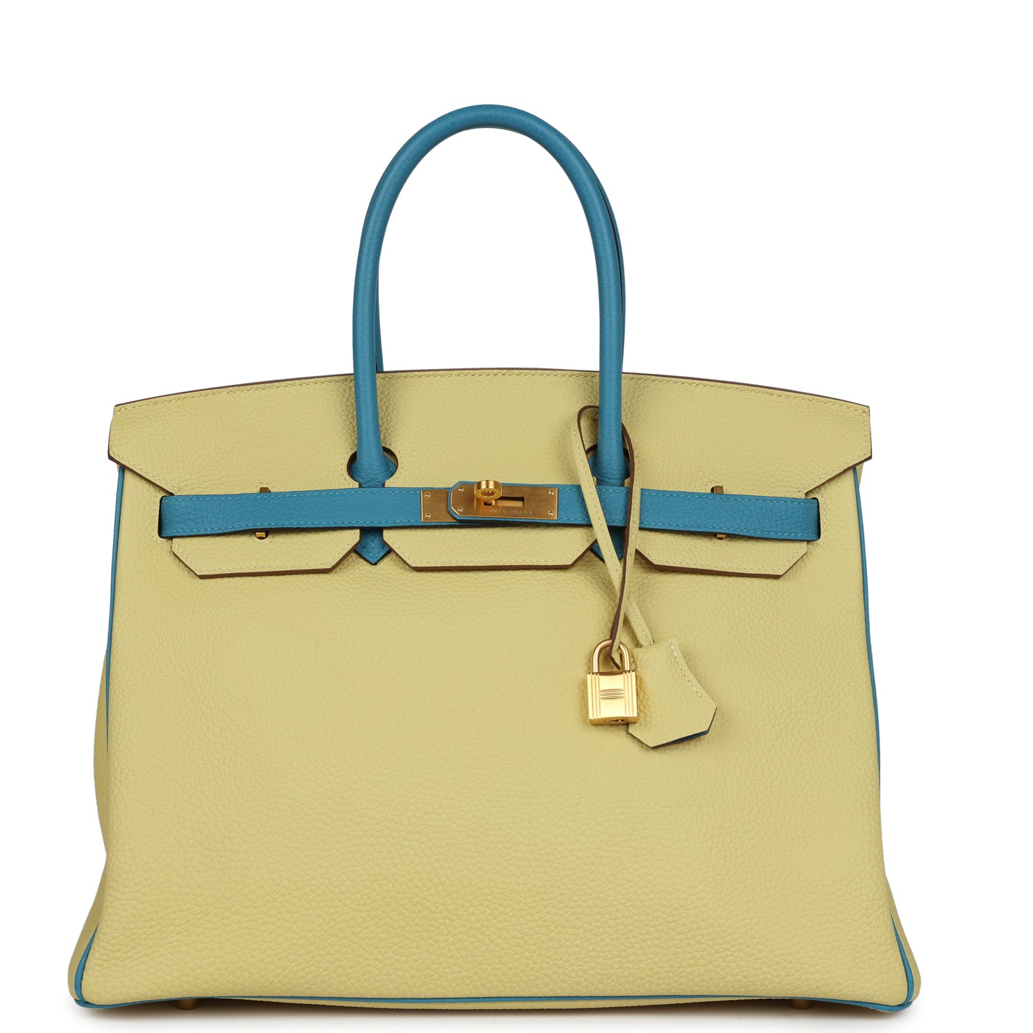 HMS Special Order (HSS) Birkin 35 Jaune Poussin and Bleu Paradise Togo Brushed Gold Hardware
