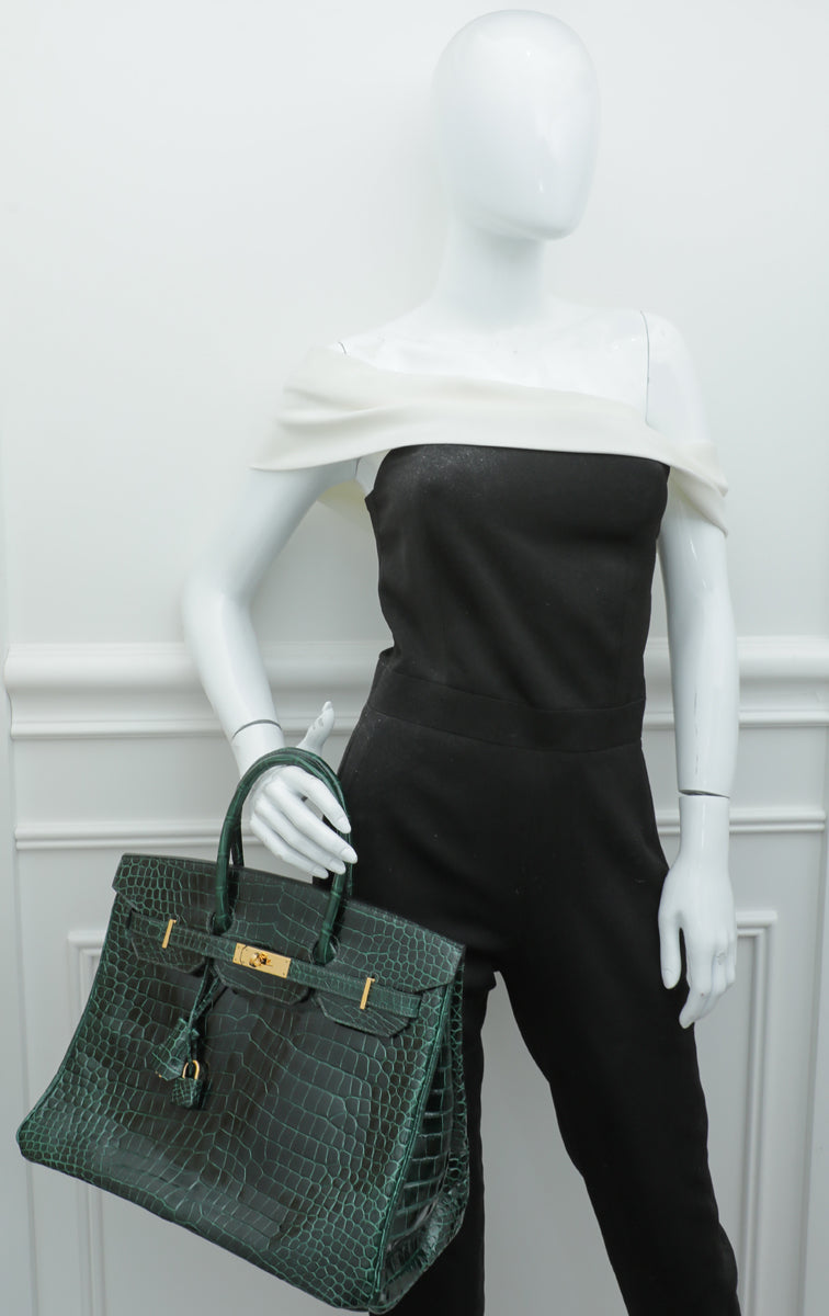 HMS Vert Emerald Shiny Crocodile Porosus Birkin 35 Bag