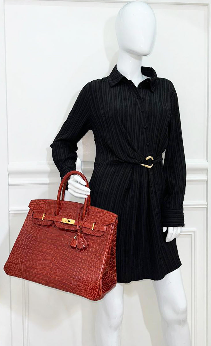 HMS Lisse Rouge H Shiny Crocodile Porosus Birkin 35 Bag