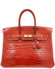 HMS Lisse Rouge H Shiny Crocodile Porosus Birkin 35 Bag