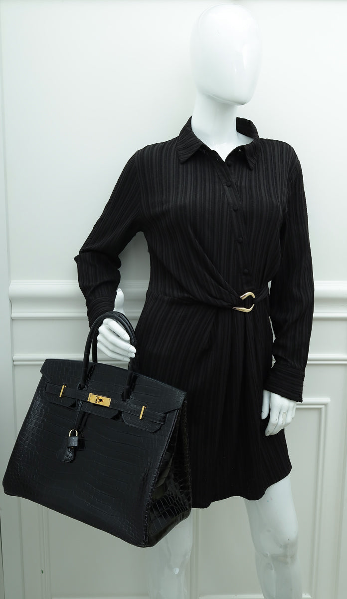 HMS Noir Shiny Crocodile Porosus Birkin 35 Bag
