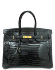 HMS Noir Shiny Crocodile Porosus Birkin 35 Bag