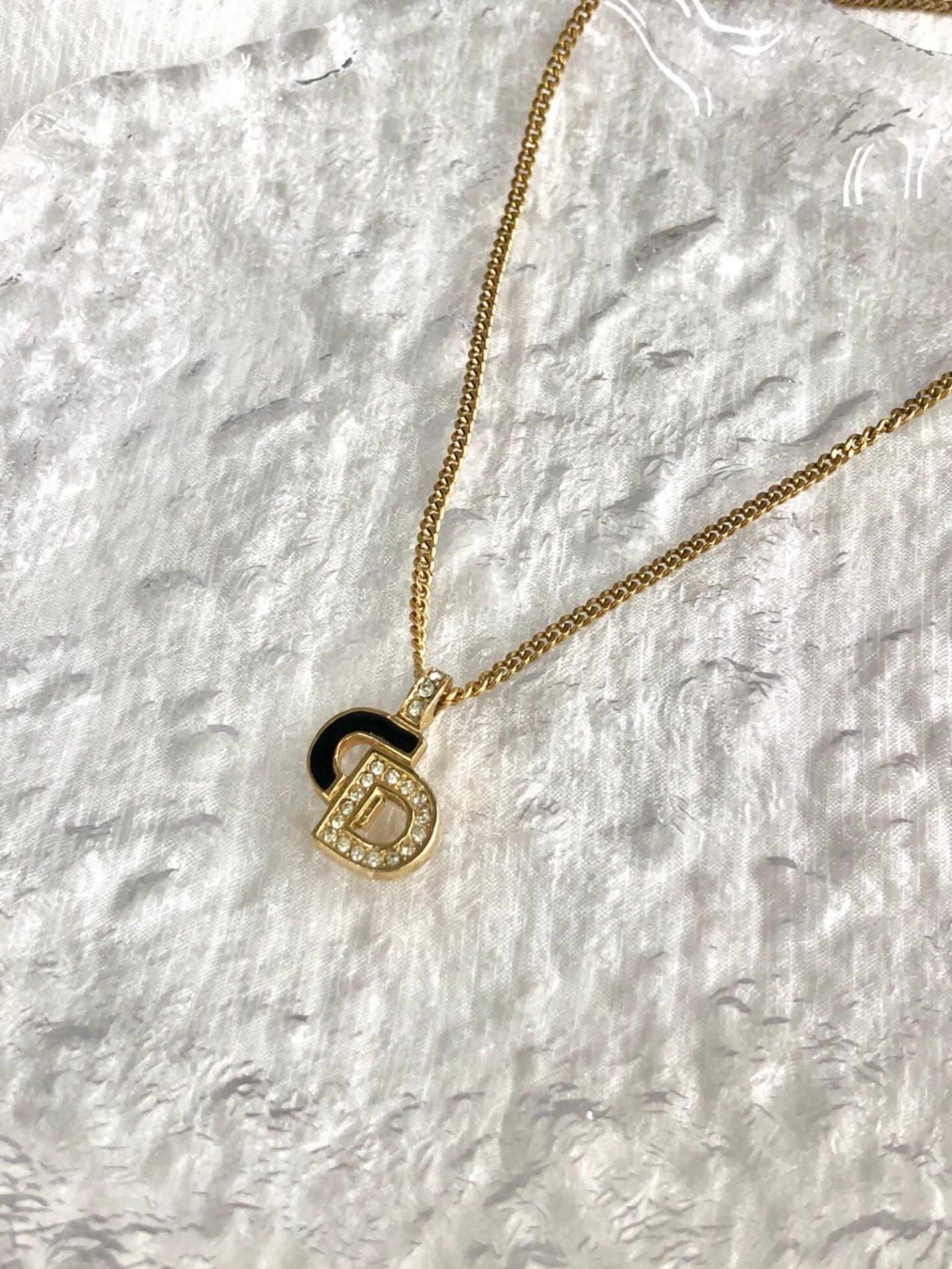 Christian D1OR CD Logo Rhinestone Necklace Gold×Black Vintage iufg6r