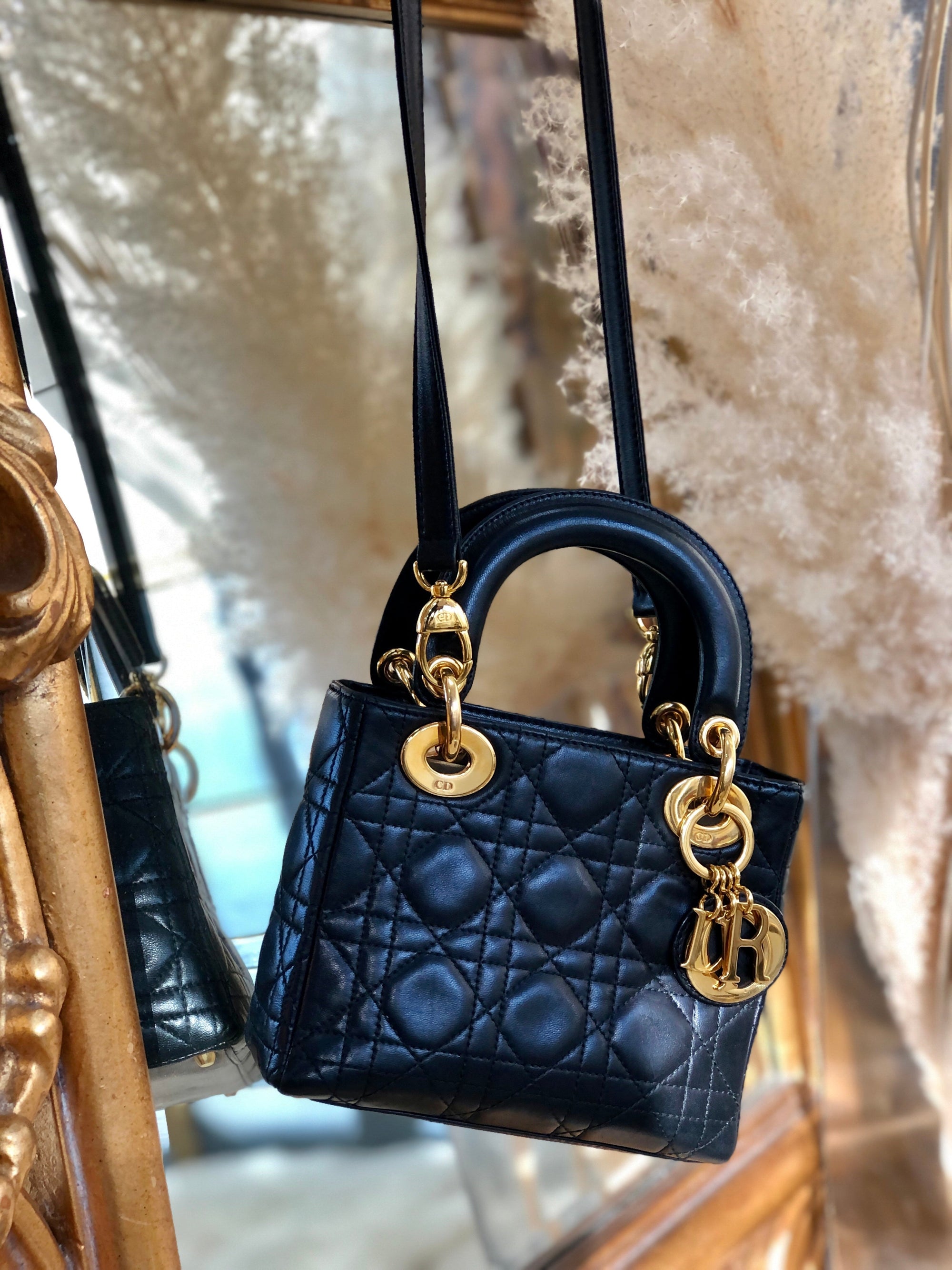 Christian D1OR Cannage Lady D1OR Leather Small Handbag Shoulder bag Black 7tgg5g