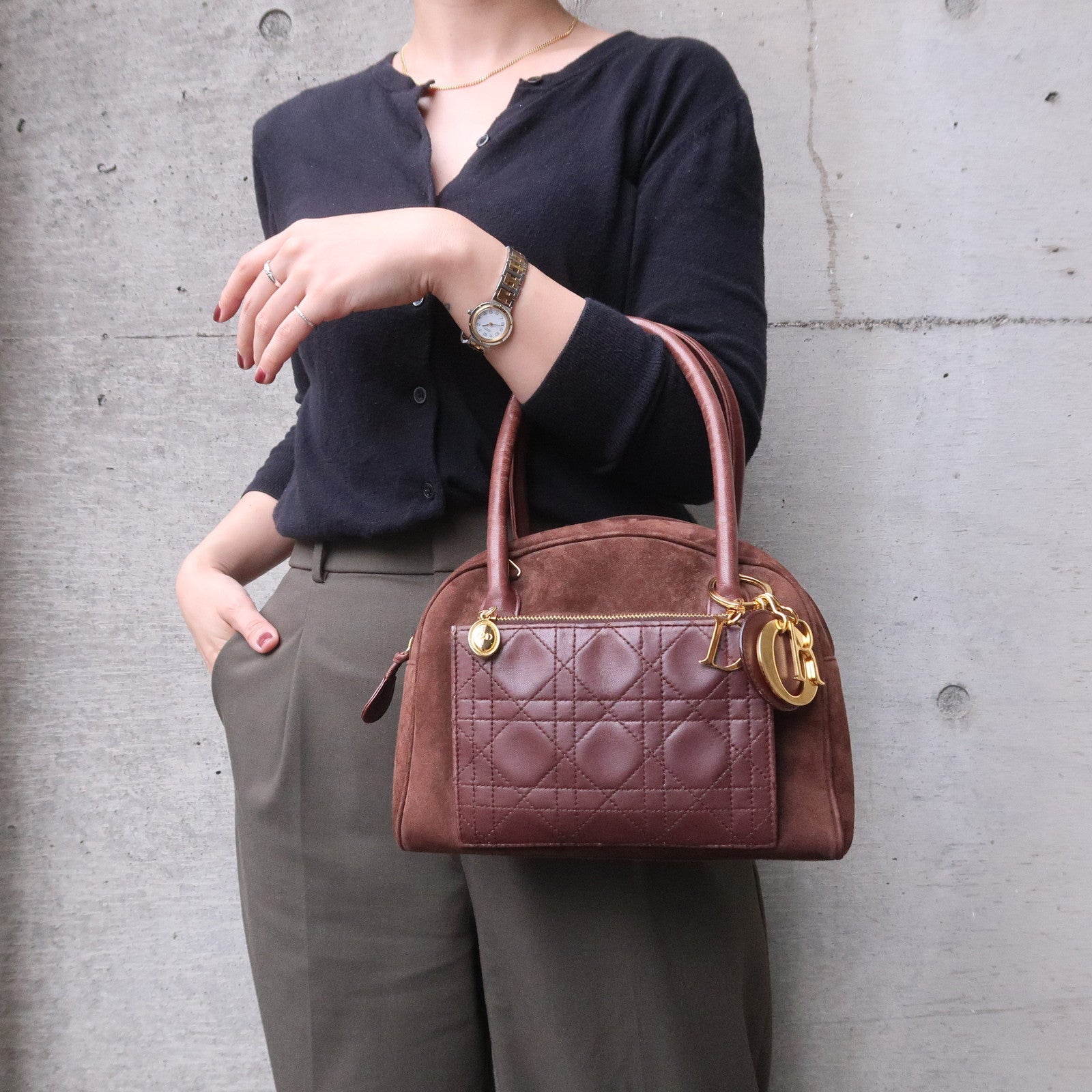Christian D1OR Cannage Suede Leather Hand Bag Brown