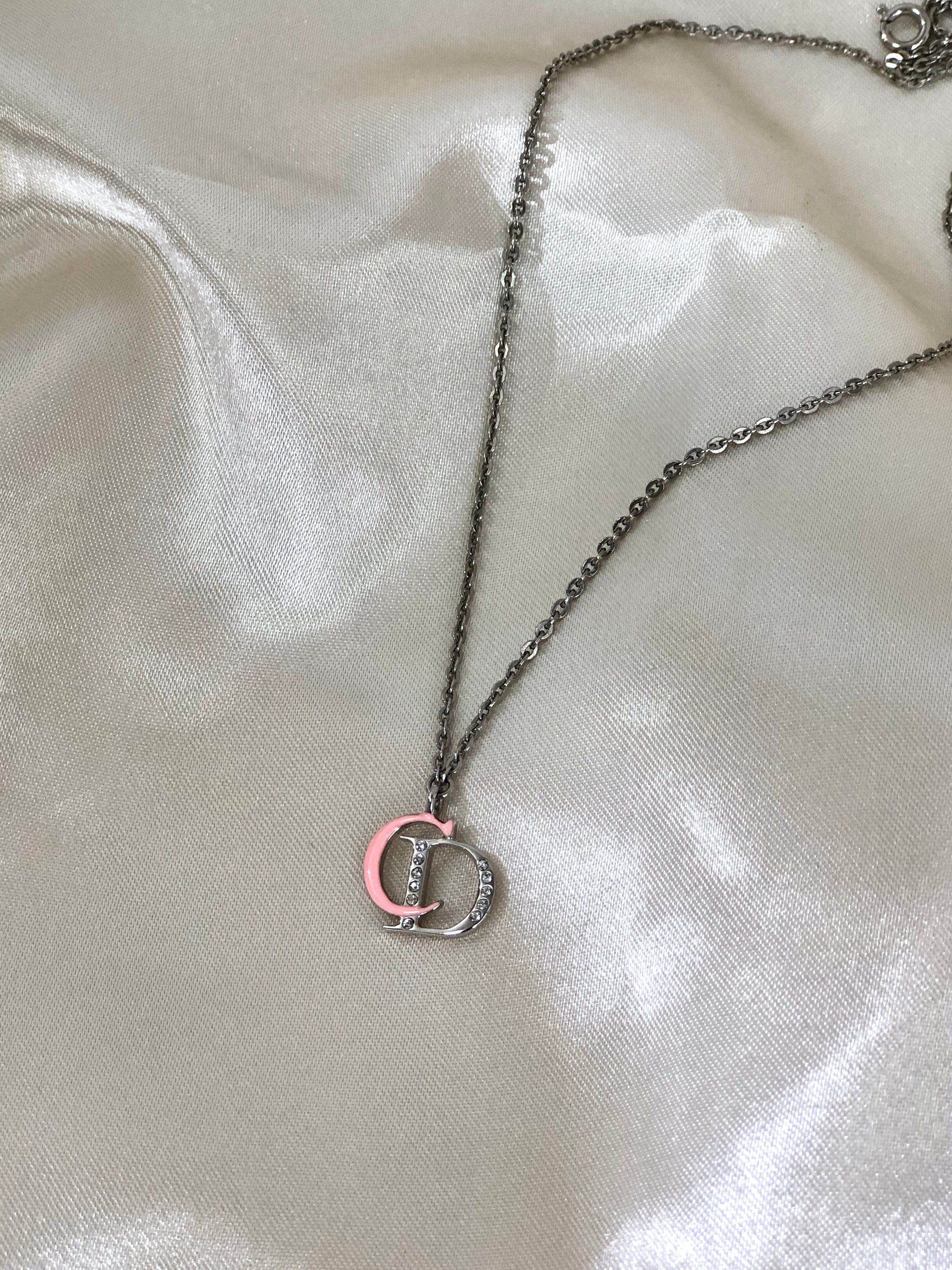 Christian D1OR CD Logo Necklace Pink Silver Vintage Old nya2c5