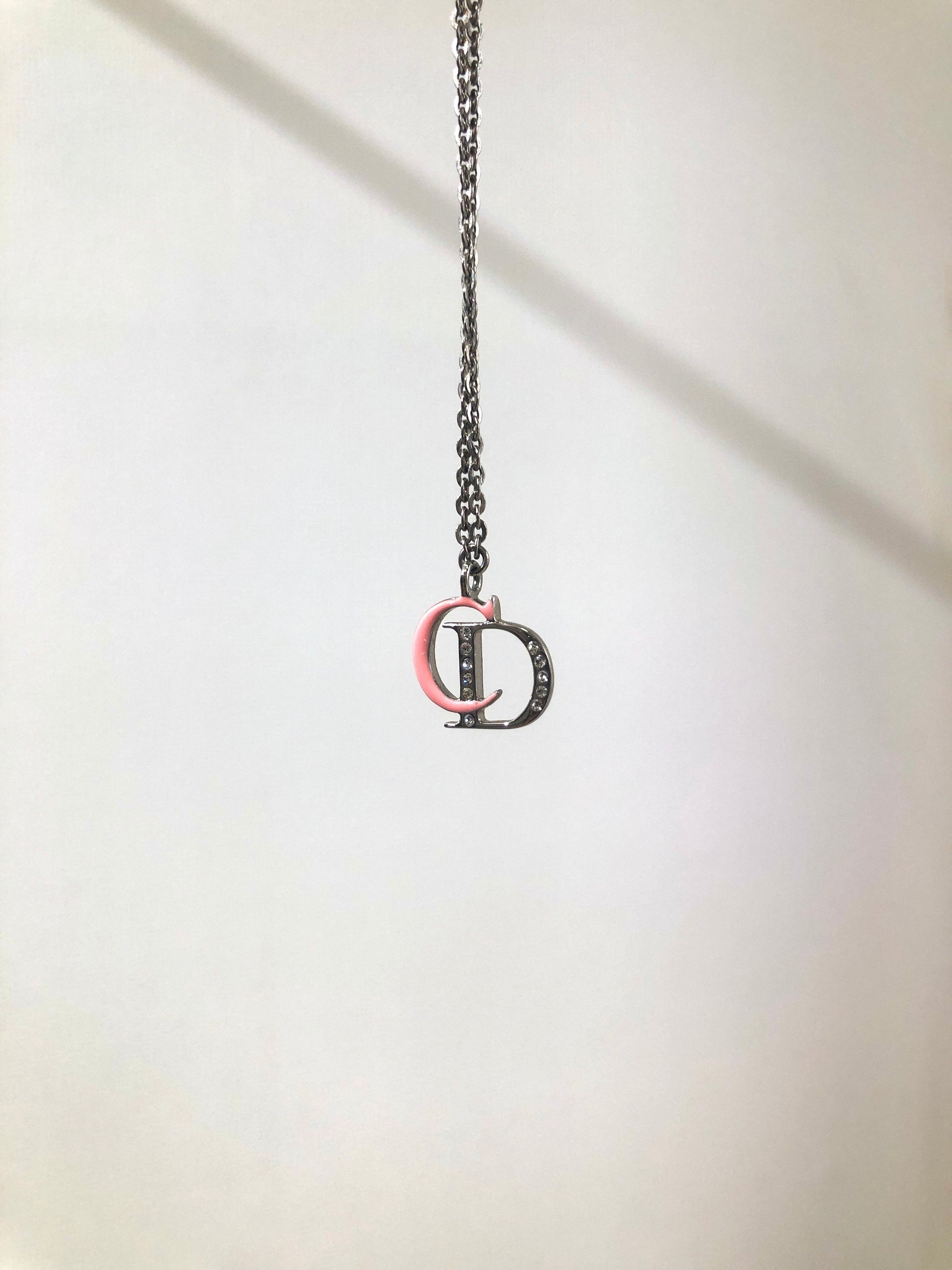 Christian D1OR CD Logo Necklace Pink Silver Vintage Old nya2c5